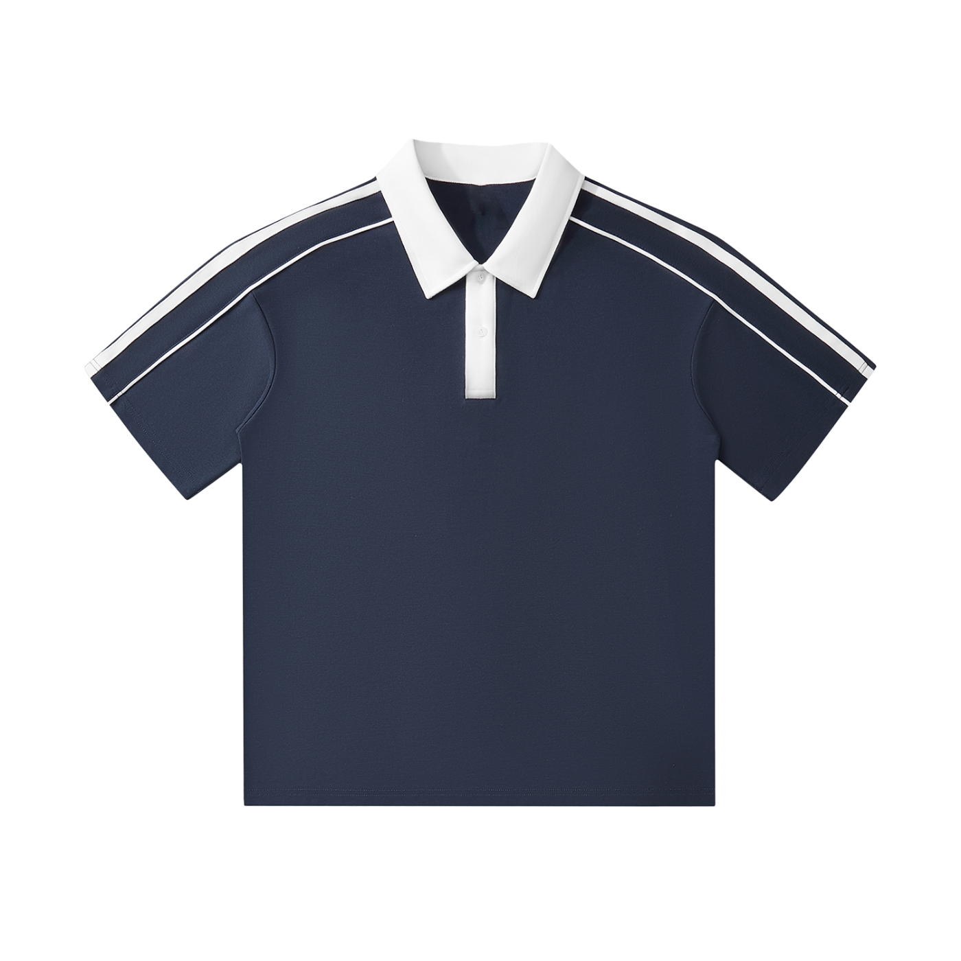 Navy blue polo shirt with white collar and button placket. Features white stripes along the shoulders and sleeves. Short-sleeved design.