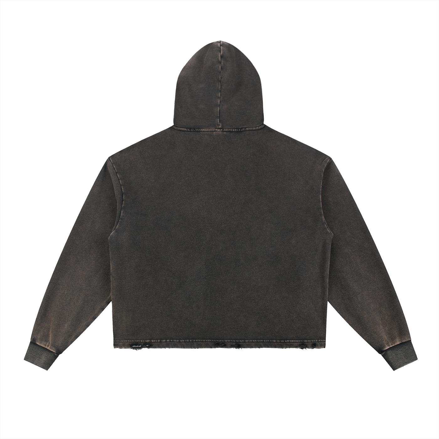 Dark gray hoodie with long sleeves and a hood, viewed from the back. The fabric has a washed, faded appearance, and the hem is slightly distressed.