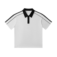 White short-sleeve polo shirt with a black collar and button placket. Black stripes run along the shoulders and sleeves.