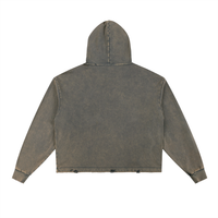 Back view of a faded gray denim jacket with a hood. The jacket features long sleeves and a straight hem with visible stitching.