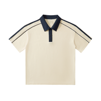 Cream-colored short-sleeve polo shirt with a dark navy collar and button placket. Features navy stripes along the shoulders and sleeves.