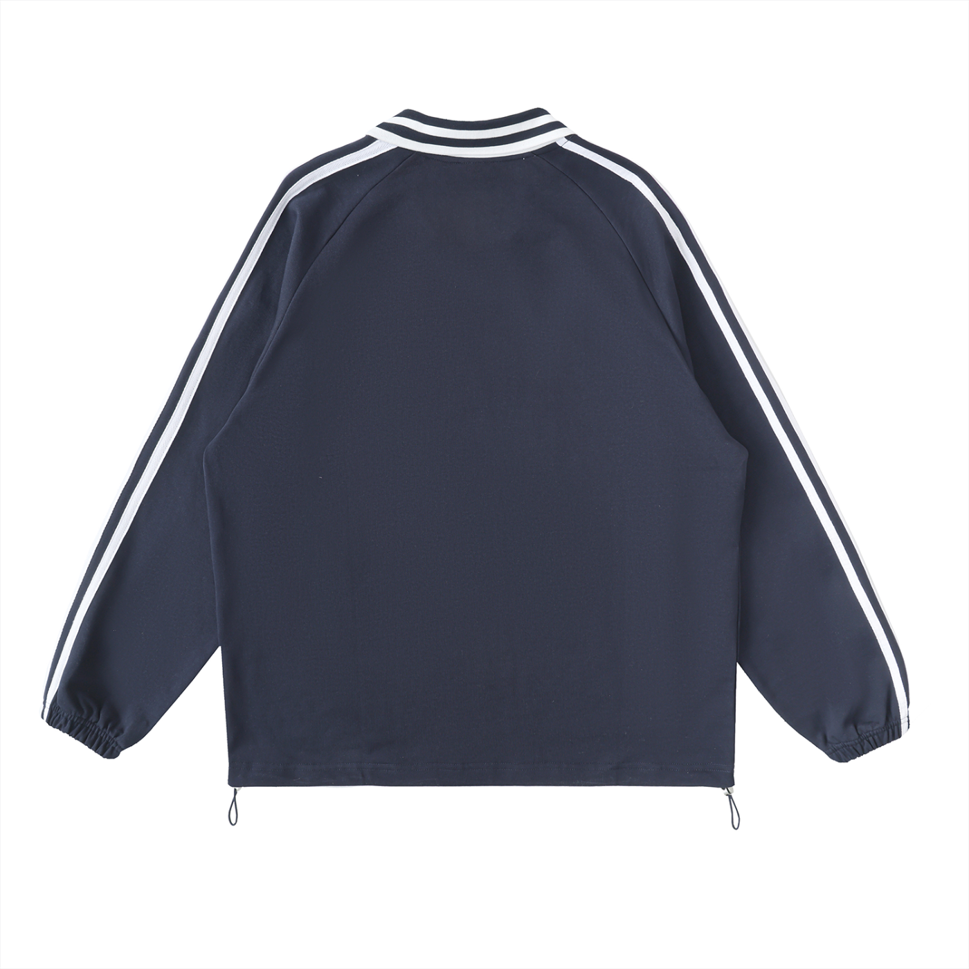 Navy blue jacket with white stripes along the sleeves and collar, viewed from the back. The jacket has elastic cuffs and a zippered hem.