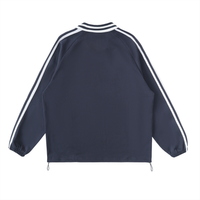 Navy blue jacket with white stripes along the sleeves and collar, viewed from the back. The jacket has elastic cuffs and a zippered hem.