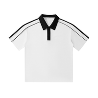White short-sleeve polo shirt with black collar and button placket. Features black stripes along the shoulders and sleeves.