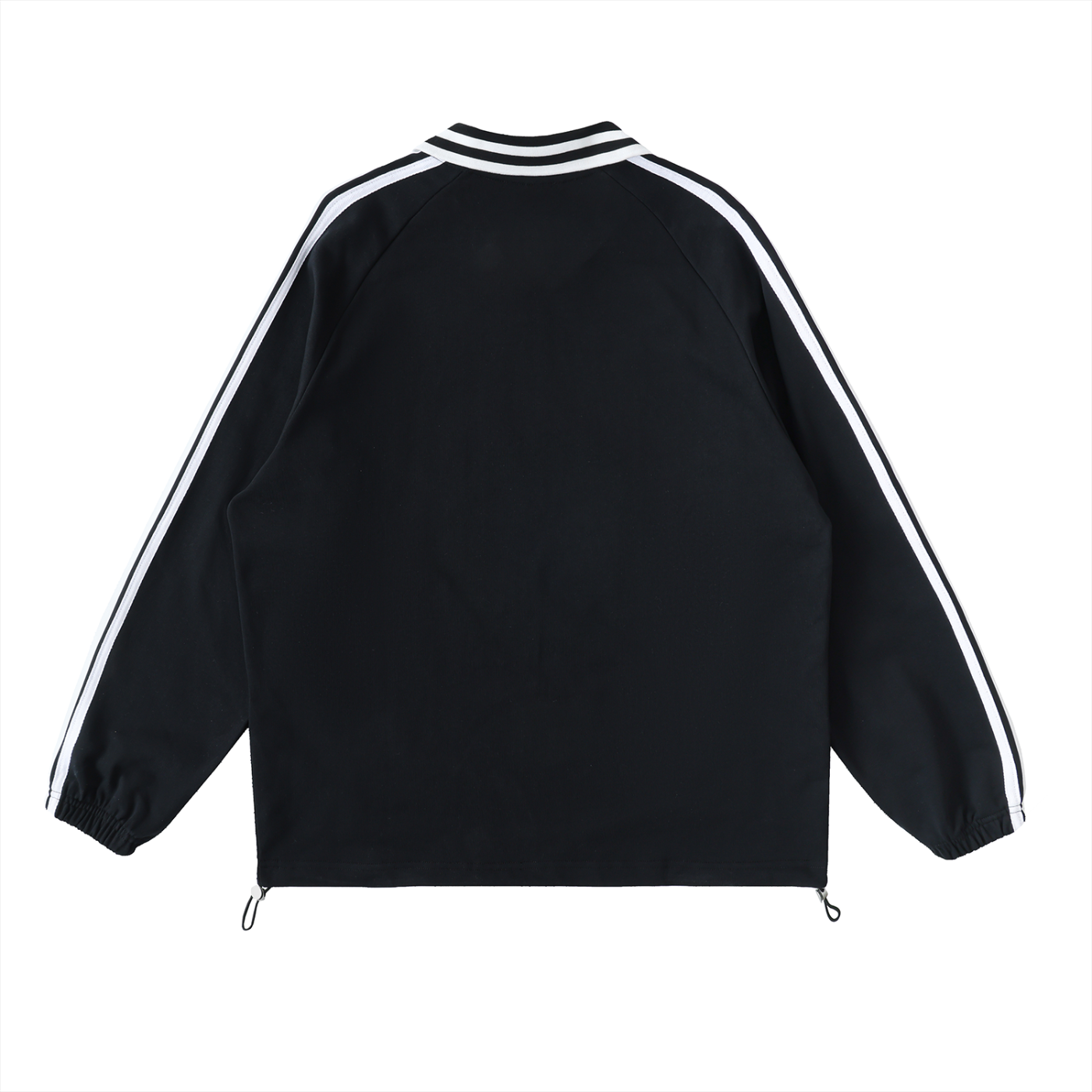 Black track jacket with white stripes along the sleeves and collar, shown from the back. The jacket has elastic cuffs and a zipper at the hem.