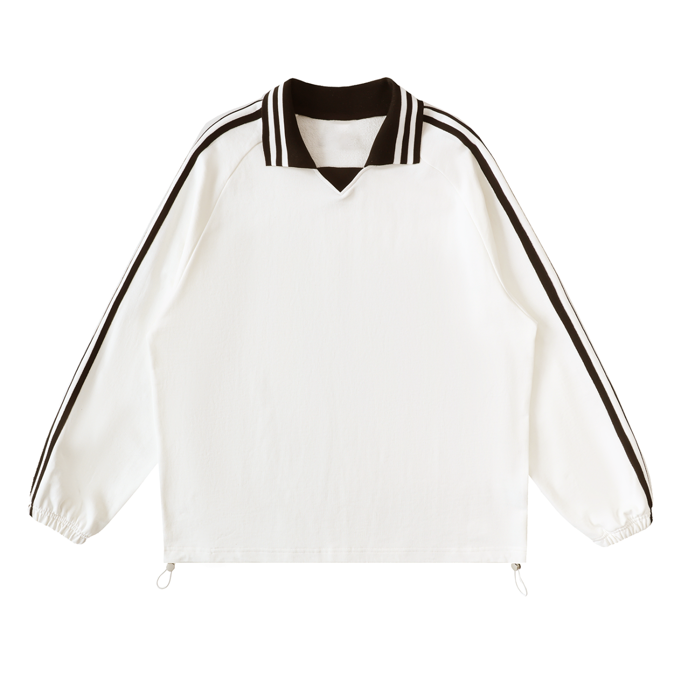 White long-sleeve pullover with black collar and stripes on sleeves, featuring elastic cuffs and drawstrings at the hem, against a white background.