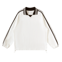 White long-sleeve pullover with black collar and stripes on sleeves, featuring elastic cuffs and drawstrings at the hem, against a white background.