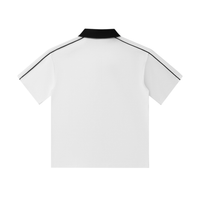 White short-sleeve polo shirt with black collar and black piping on shoulders, viewed from the back against a plain white background.