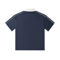 Navy blue short-sleeve polo shirt with a white collar and white piping along the shoulders and sleeves, shown from the back.
