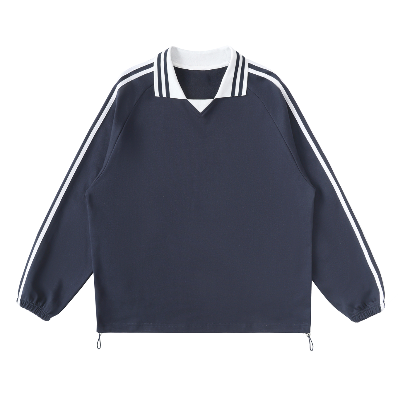 Navy blue long-sleeve pullover with white collar and striped accents on shoulders and sleeves. Elastic cuffs and hem with drawstring.