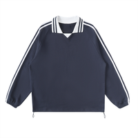Navy blue long-sleeve pullover with white collar and striped accents on shoulders and sleeves. Elastic cuffs and hem with drawstring.