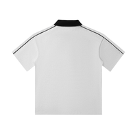 White polo shirt with a black collar and black piping along the shoulders and sleeves, viewed from the back.