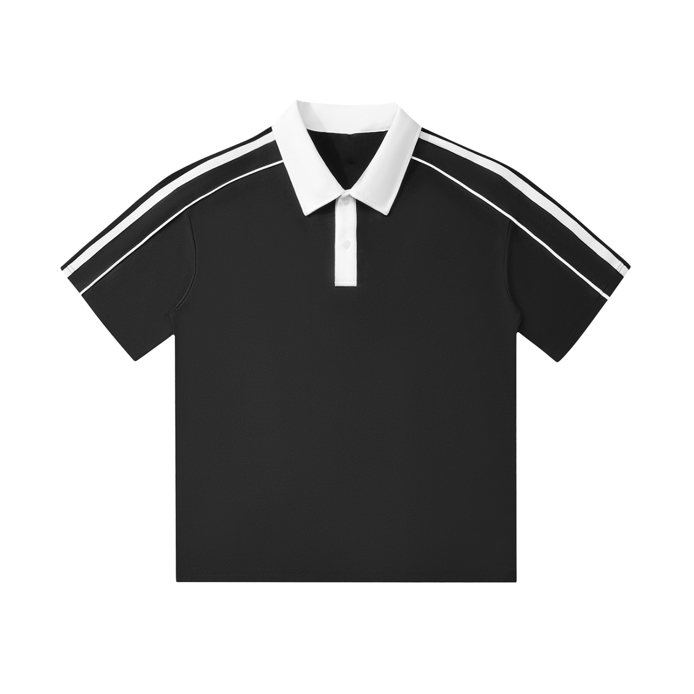 Black polo shirt with white collar and placket, featuring white stripe accents on the shoulders and sleeves.