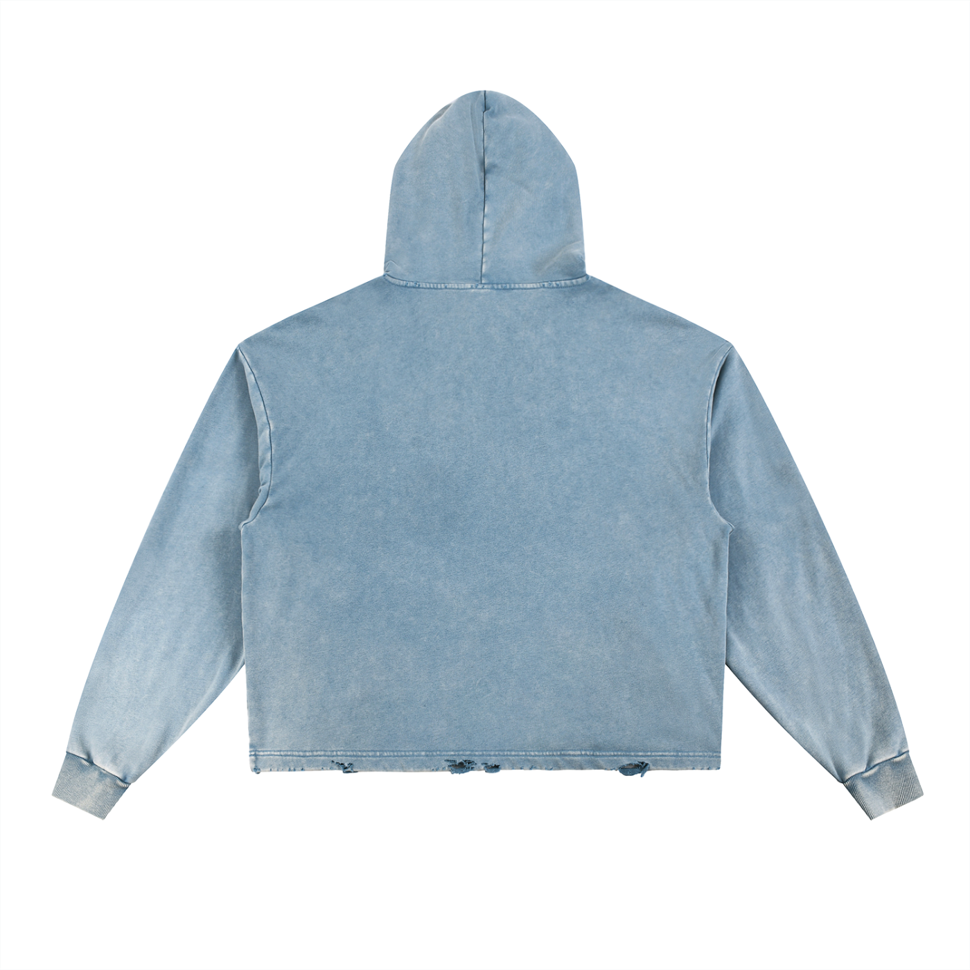 Light blue denim hoodie with a distressed hem, viewed from the back. The hoodie features long sleeves and a relaxed fit.