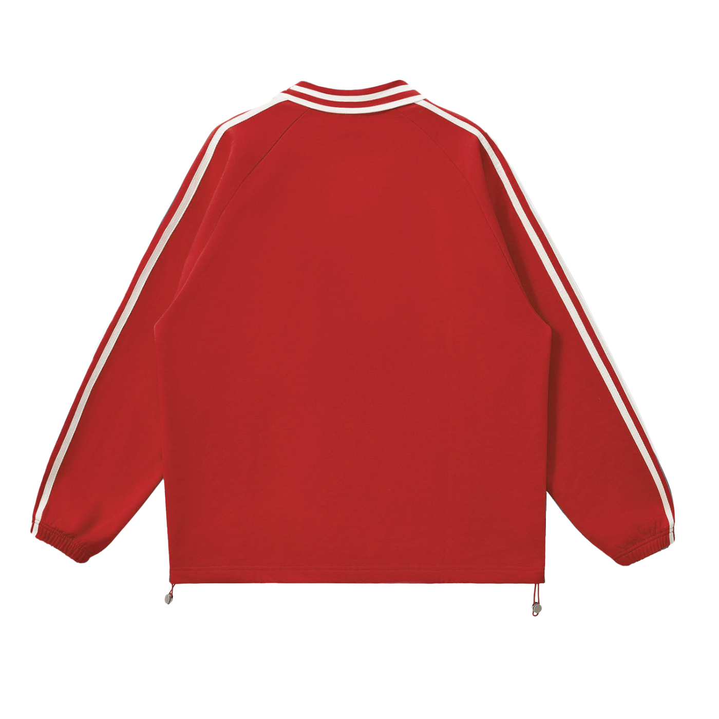 Red jacket with white stripes along the sleeves and collar, featuring elastic cuffs and drawstrings at the hem. The back view is shown.