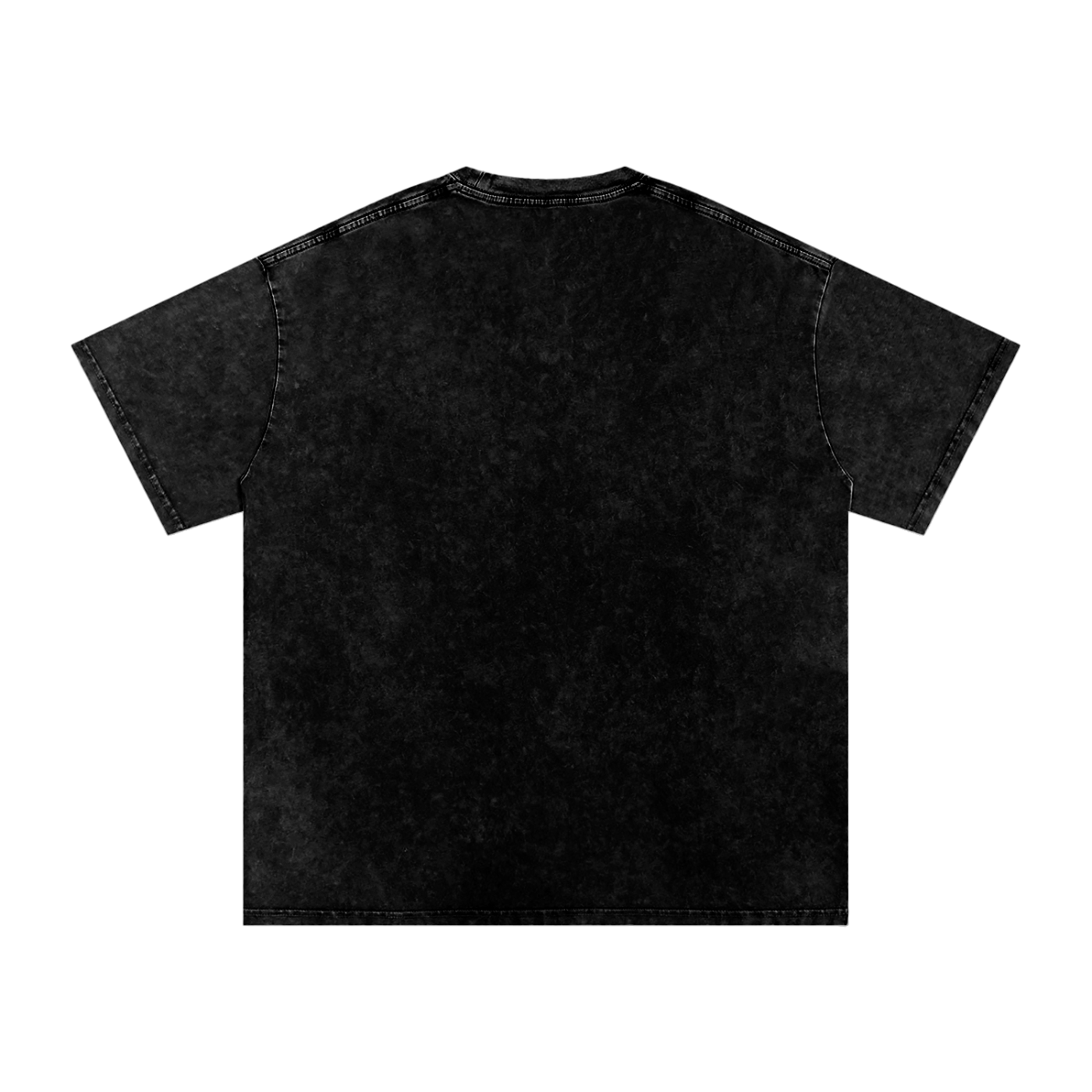Back view of a black mineral wash T-shirt with short sleeves and a round neckline. The fabric has a textured appearance with subtle variations in color.