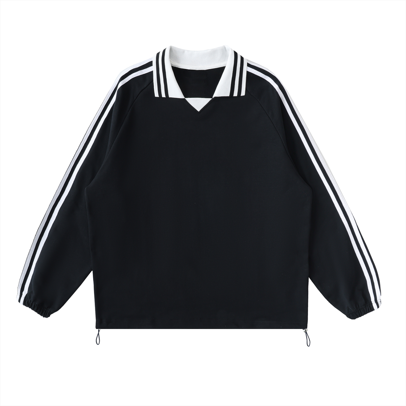 Black long-sleeve sweatshirt with white collar and stripes on sleeves. V-neck design and elastic cuffs. Casual athletic style.