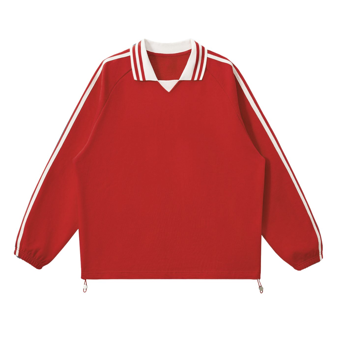 Red long-sleeve pullover with a white collar and three white stripes on shoulders and sleeves. Elastic cuffs and hem with drawstrings.