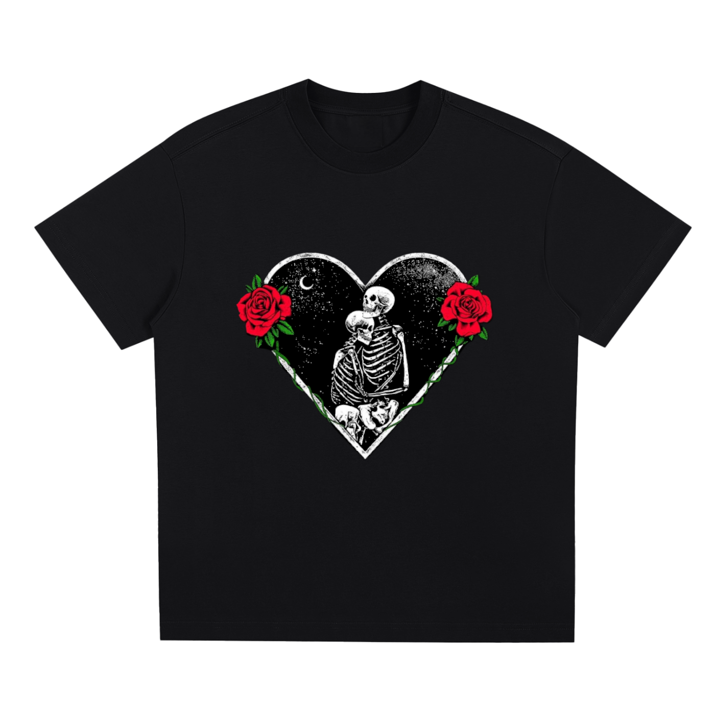 Black T-shirt featuring a heart-shaped graphic with two skeletons embracing under a crescent moon. The heart is adorned with red roses and green leaves.