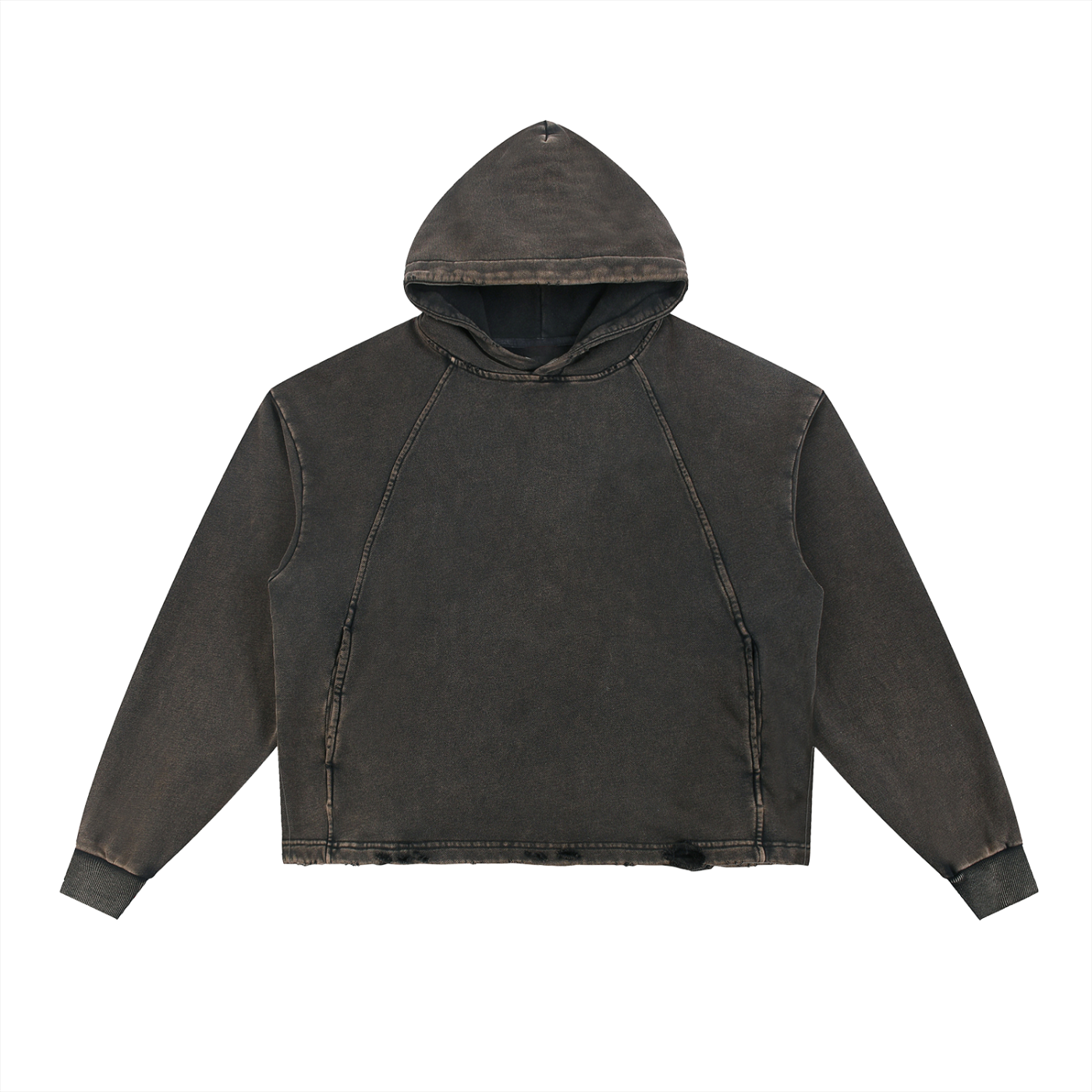 Faded black hoodie with a worn, distressed look, featuring long sleeves, a hood, and visible seam detailing on a plain white background.