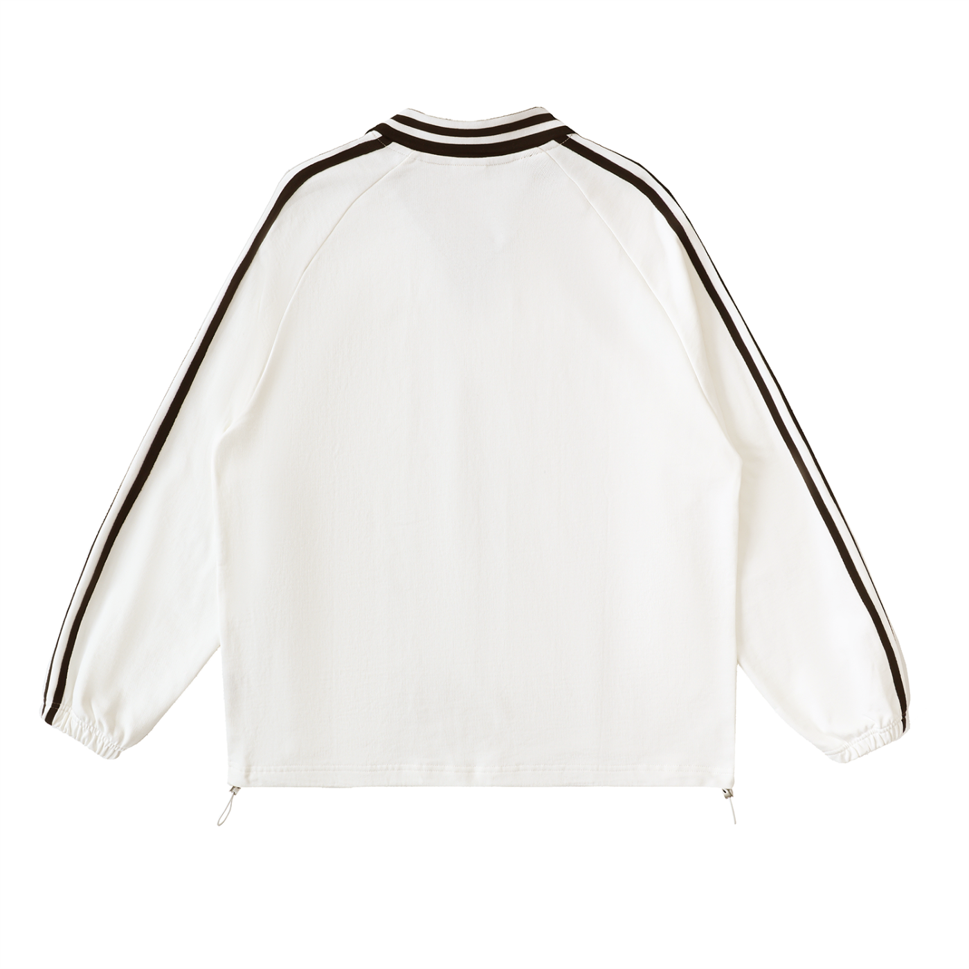 White jacket with black stripes along the sleeves and collar, featuring a relaxed fit and elastic cuffs, shown from the back.