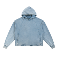 Light blue denim hoodie with a faded wash, featuring a drawstring hood and long sleeves. The hem has distressed details, adding a casual, worn-in look.