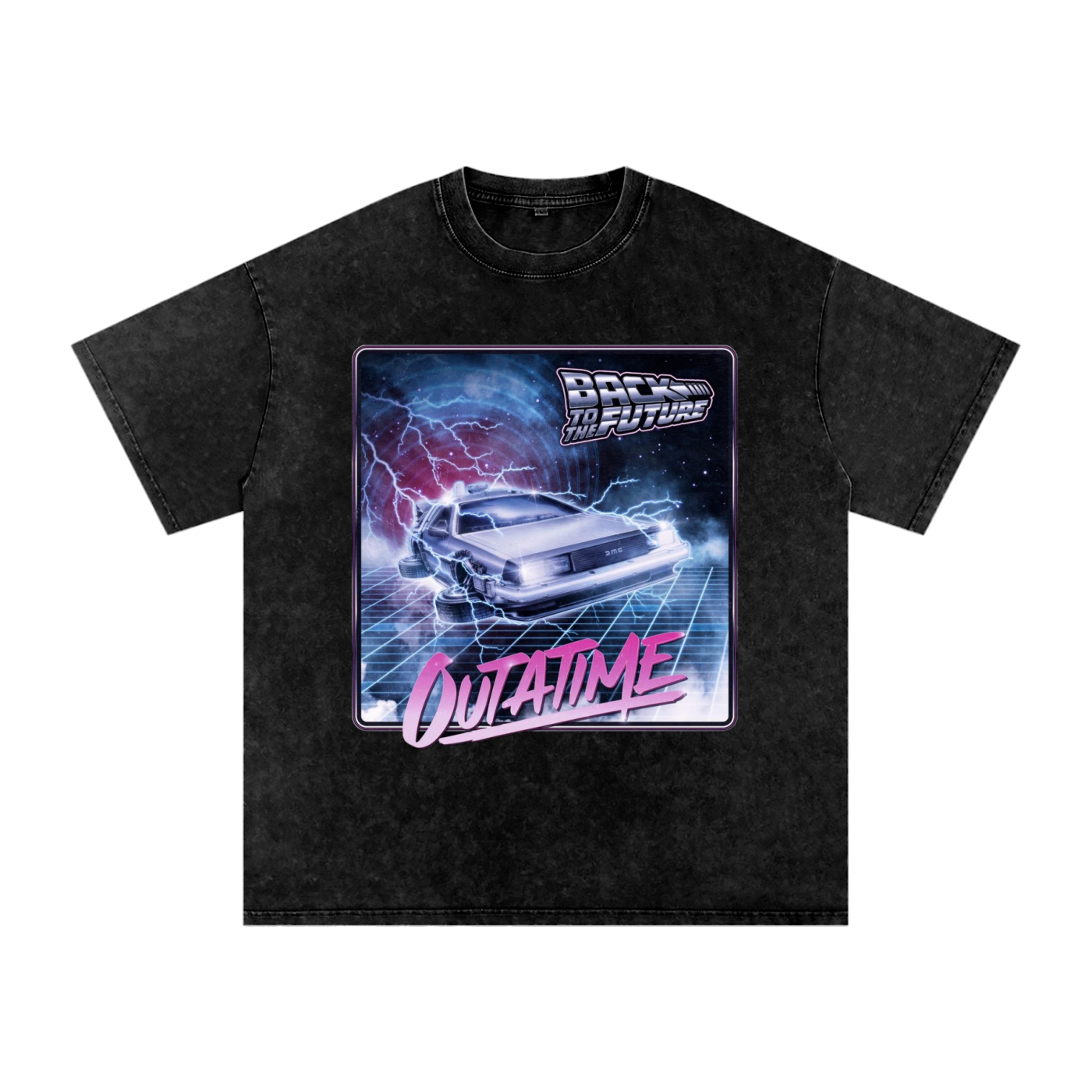 Black T-shirt featuring a retro "Back to the Future" design. Shows a DeLorean car with neon lights, lightning, and "OUTATIME" in pink text.