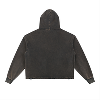Dark gray hoodie with long sleeves and a hood, viewed from the back. The fabric has a washed, faded appearance, and the hem is slightly distressed.
