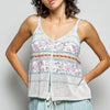 POL Printed Contrast Button Down Cami with Trim Detail and Blanket Stitch
