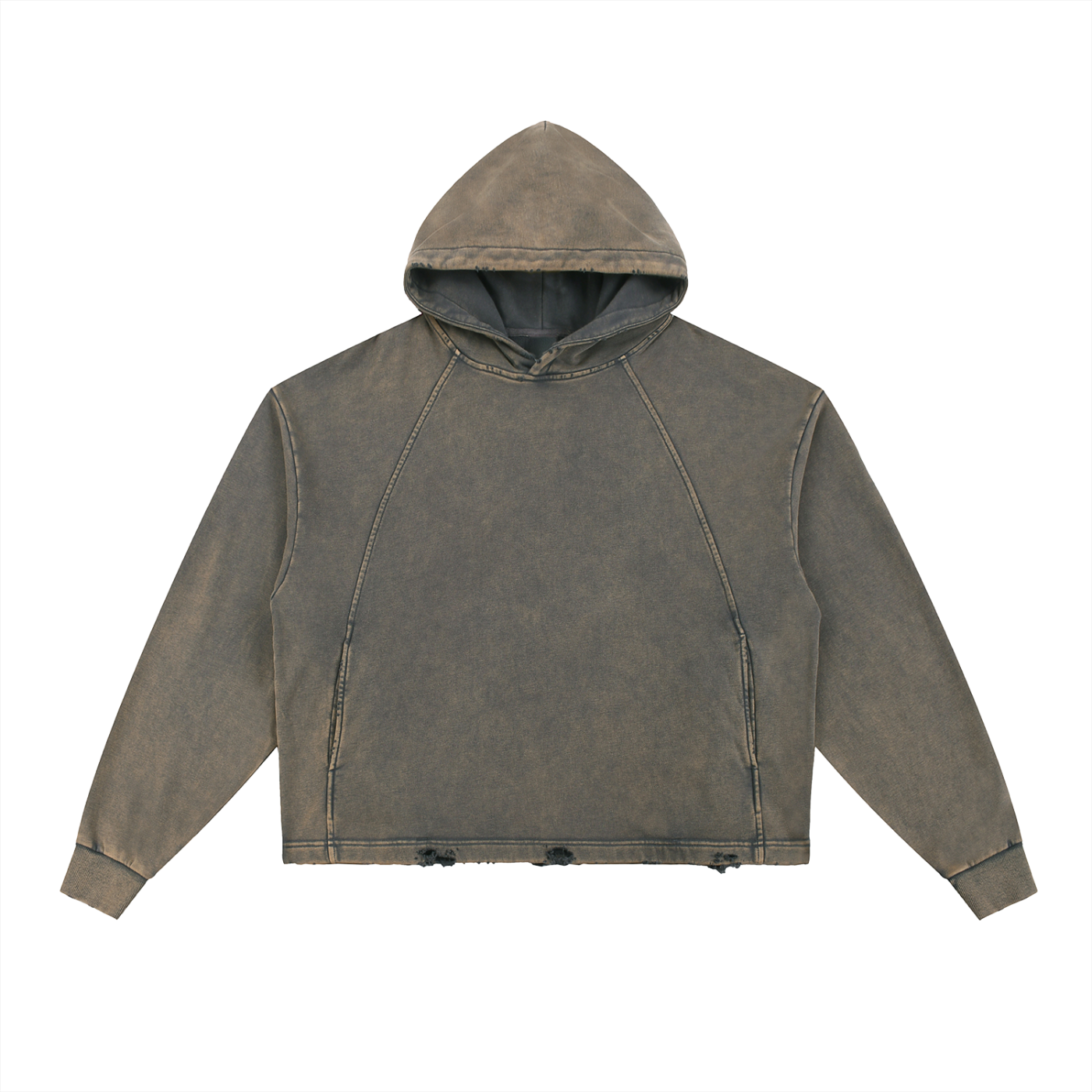 A brown, distressed-looking hooded sweatshirt with long sleeves. The fabric has a faded appearance, and the hem is frayed with visible wear. The hood is down, and the sweatshirt is laid flat against a white background.